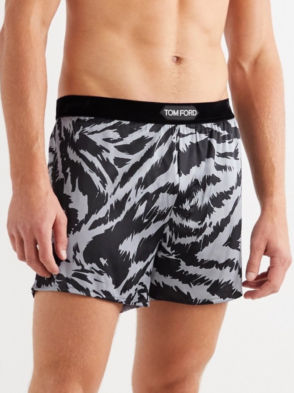 Tom Ford Gray Black Zebra Stretch Silk Logo Velvet Waistband Boxer Shorts